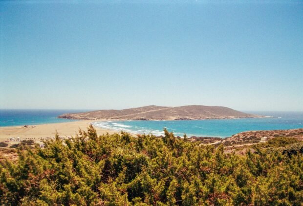 View of Prasonisi beach, the meeting point of the Aegean and Mediterranean seas in South Rhodes.